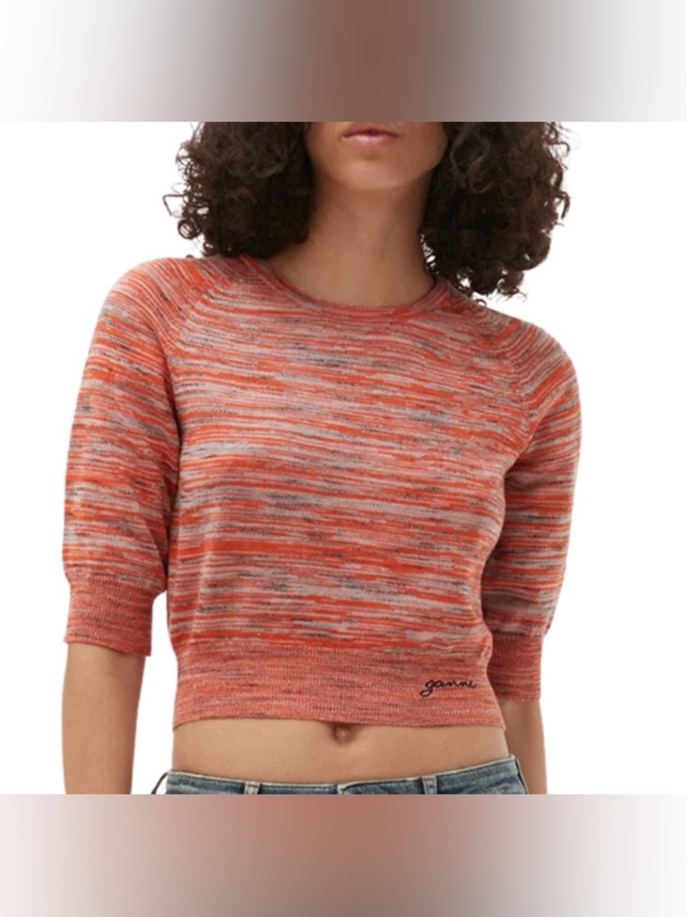 GANNI MERINO MOULINE CROPPED TOP IN VIBRANT ORANGE
